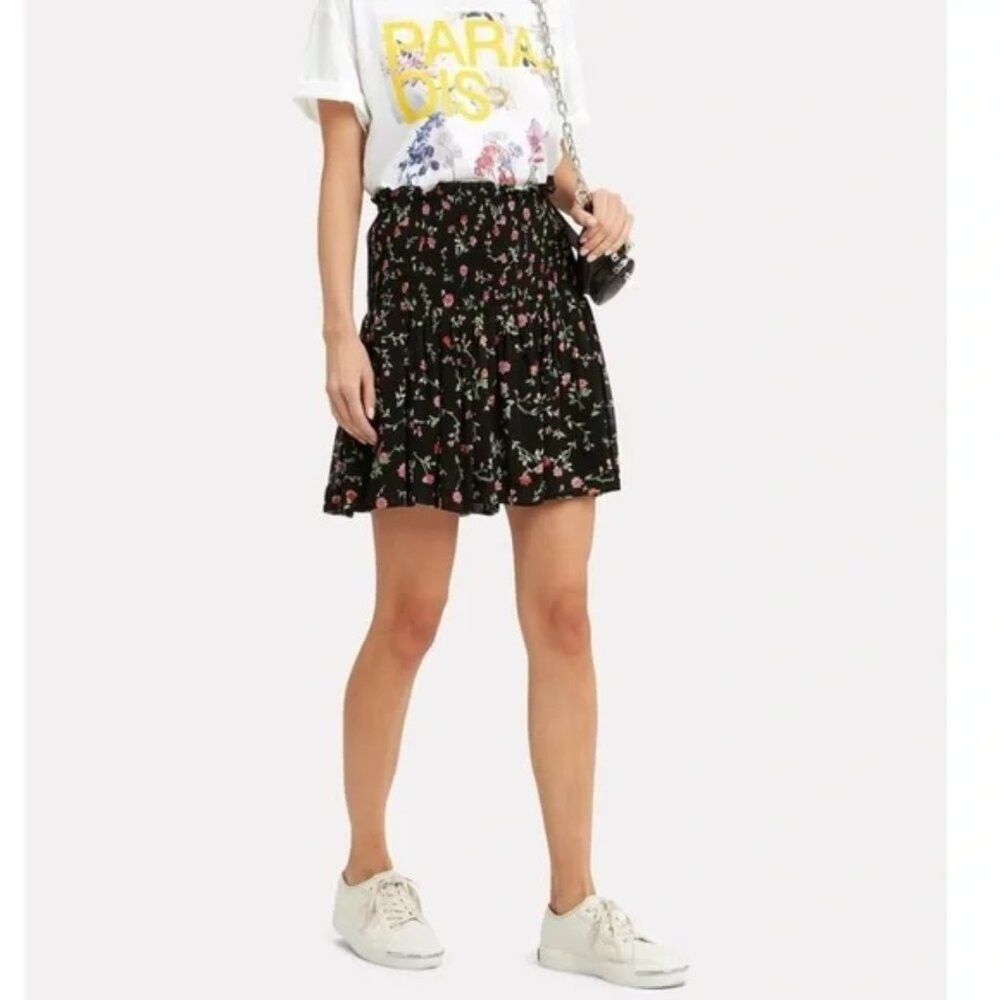 GANNI Black Floral Smocked Feminine Mini Skirt, Size Small, US 4
